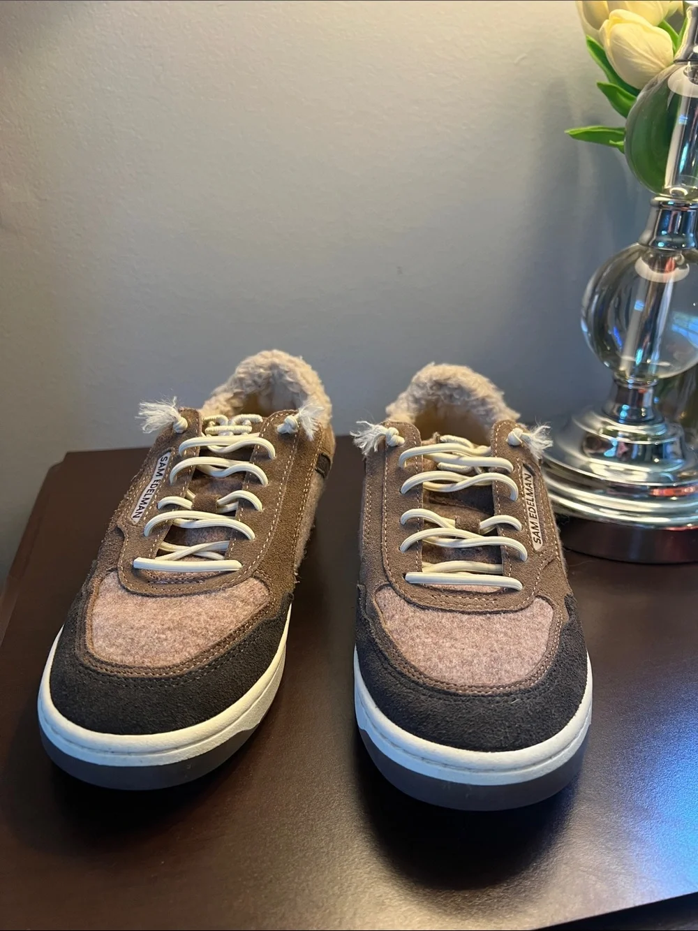 Sam Edelman Taupe and Dark Brown Fleece-Lined Sneakers